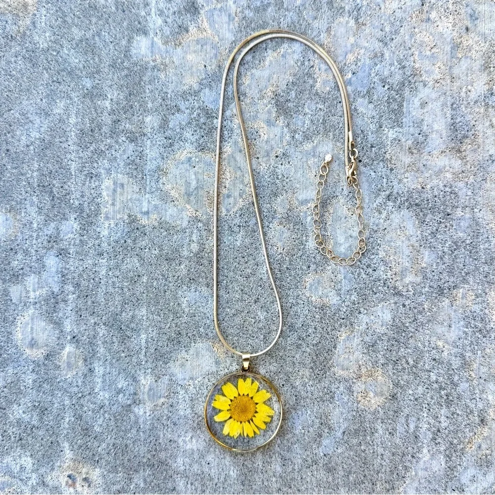 Handmade Dried Yellow Daisy Gold Pendant Necklace